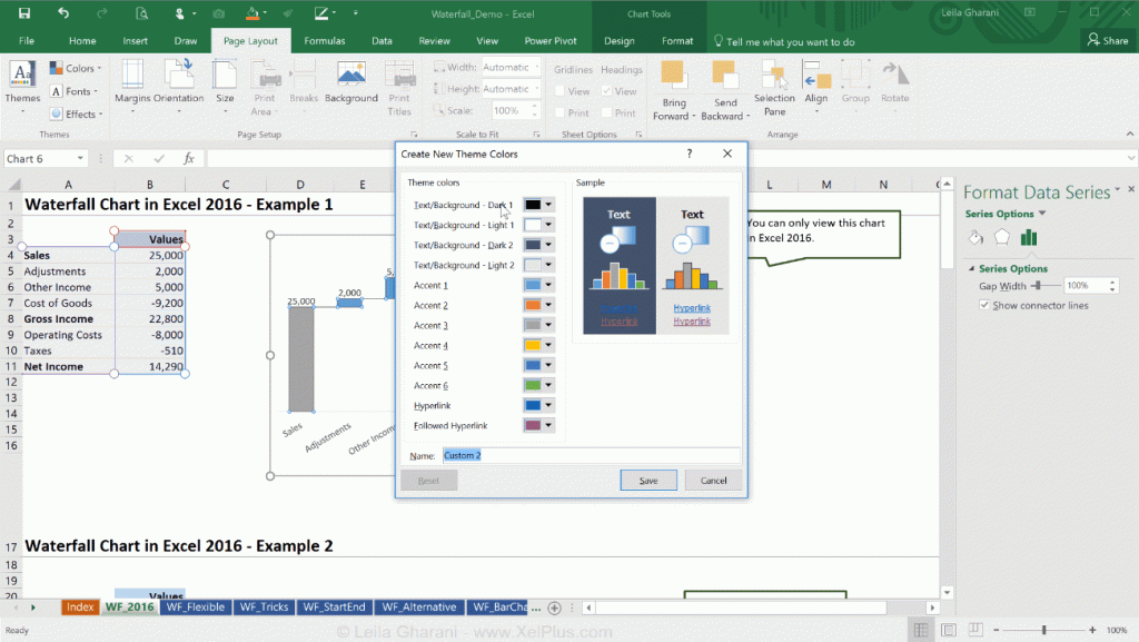 How to adjust waterfall chart colour in excel 2016