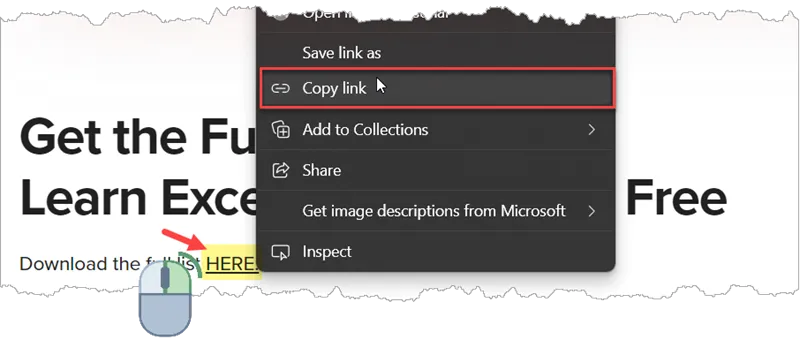 Screenshot of a website with the hyperlinked text HERE highlighted, an icon of a mouse with the right-button highlighted and an open context menu with "Copy link" highlighted.