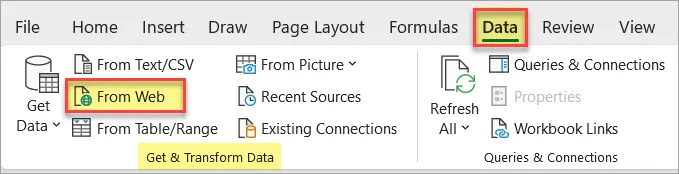 Fragment of the Excel ribbon with the Data tab and "From Web" button highlighted.