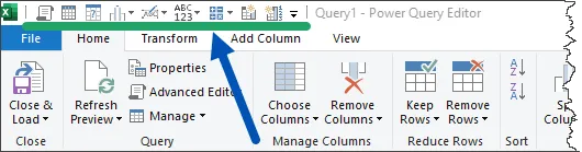 Fragment of Power Query Editor window showing the Quick Access Toolbar on top of the ribbon