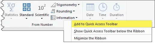 Fragment of Power Query Editor ribbon with context menu showing "Add to Quick Access Toolbar"