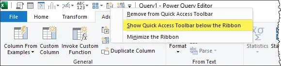 Fragment of Power Query Editor ribbon with context menu showing "Show Quick Access Toolbar below the Ribbon"