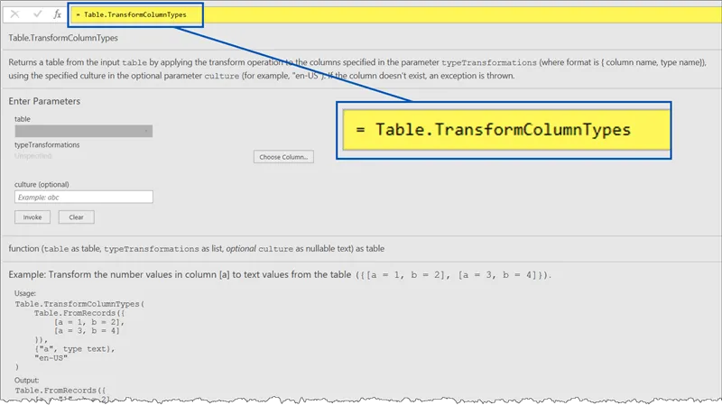 Fragment of the Power Query Editor window showing the definition of the =Table.TransformColumnTypes function.