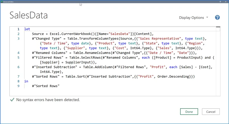 Power Query Advanced Editor window with M code.