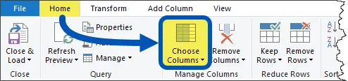 Fragment of Power Query Editor menu with the Home tab and Choose Columns button highlighted.