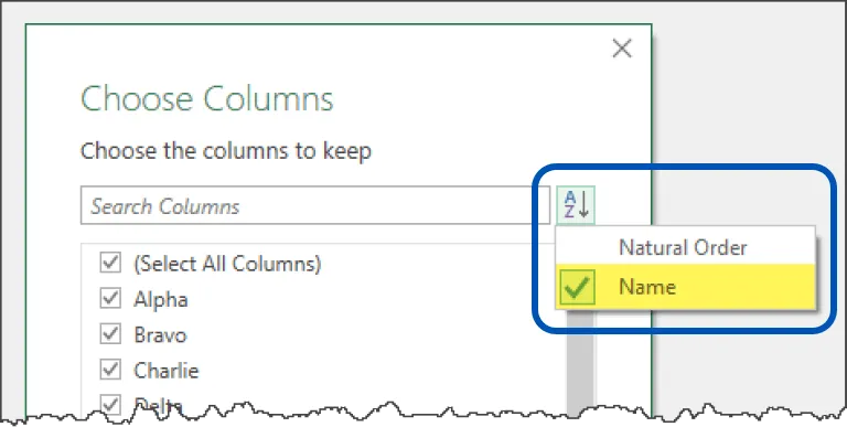 Fragment of the Choose Columns window in Power Query Editor with the Sort Order expanded to show Natural Order and Name, with Name selected and highlighted.