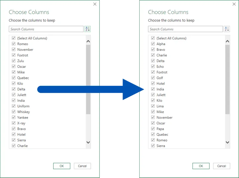 2 versions of the Choose Columns window with an arrow pointing from left to right. The left window has columns sorted in natural order, the right window has columns sorted alphabetically by name. 