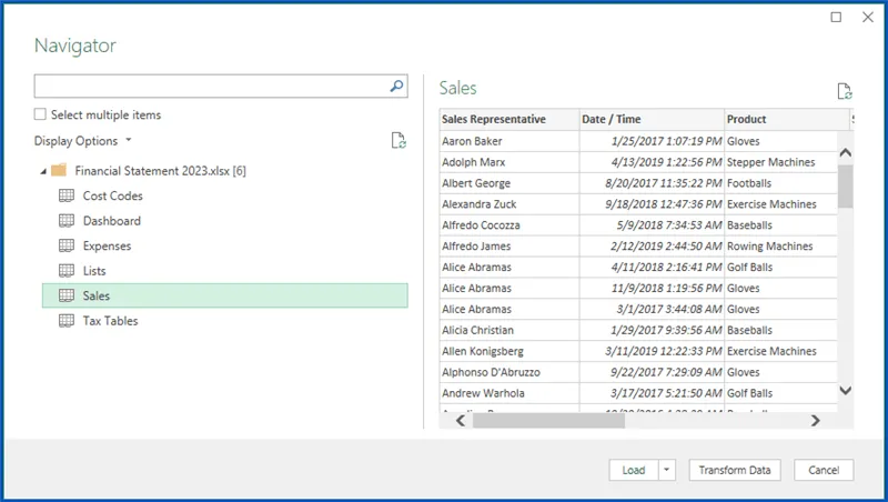 Power Query Navigator window. Query connected to an Excel workbook called Financial Statement 2023.xlsx containing multiple sheets. The Sales sheet is selected and visible in the Preview on the right.