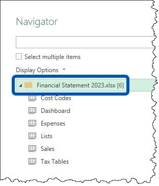 Fragment of the Power Query Navigator window. "Select multiple items" option is unchecked. File name - Financial Statement 2023.xlsx - next to a folder icon is selected.