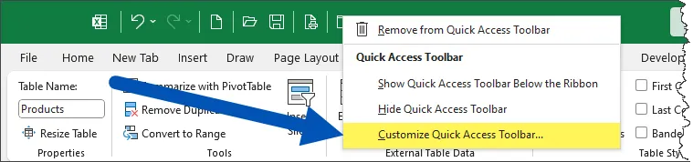 Fragment of the Excel ribbon including toolbar, showing the Quick Access Toolbar context menu with "Customize Quick Access Toolbar" highlighted.