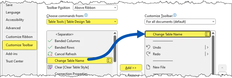 Fragment of Excel Options window with the Customize Toolbar tab selected and highlighted. Two list boxes - the one on the left showing available commands, filtered to "Table Tools | Table Design Tab", with "Change Table Name" selected and highlighted on the list with an arrow pointing to "Change Table Name" in the box on the right. "Add" button highlighted between the two lists.