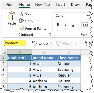 Fragment of an Excel workbook showing the ribbon on the Home tab, with Quick Access Toolbar on the bottom displaying the name of the table (Products) visible below in the worksheet.