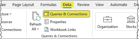 Fragment of the Excel ribbon with the Data tab and Queries & Connections button highlighted.