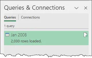 Fragment of the Queries and Connections pane in Excel showing 1 query: Jan 2008.