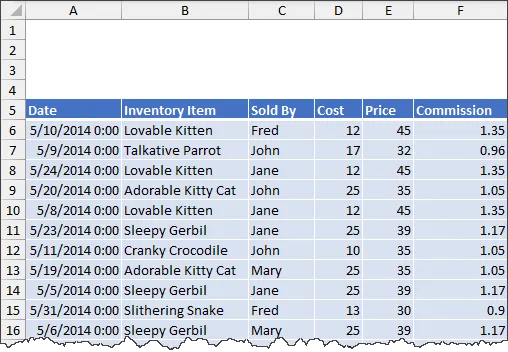 Fragment of an Excel worksheet with an official Excel table including columns: Date, Inventory Item, Sold By, Cost, Price, Commission.