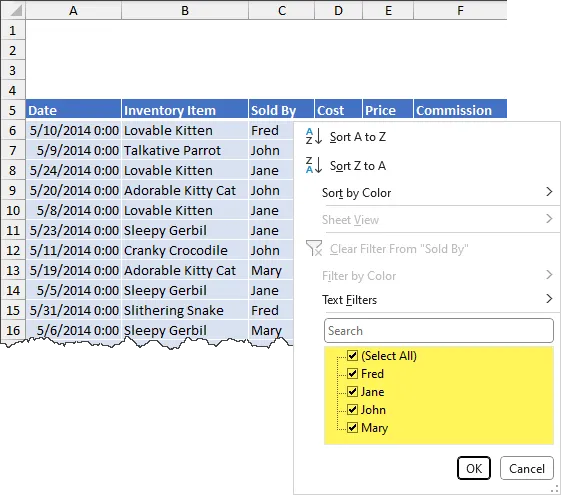 Fragment of an Excel worksheet with an official Excel table showing the Filter on the Sold By column. 