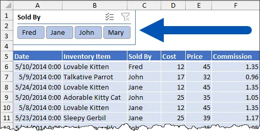 Fragment of an Excel worksheet with an official Excel table and a Slicer based on the Sold By column above the table, with an arrow pointing to it.