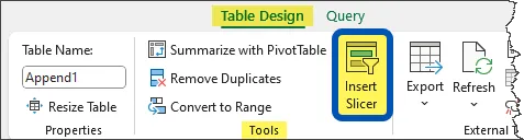 Fragment of the Excel ribbon with Table Design tab and Insert Slicer button highlighted.