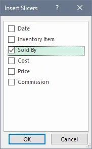 Insert Slicers dialog box displaying column names, with a checkmark next to Sold By.