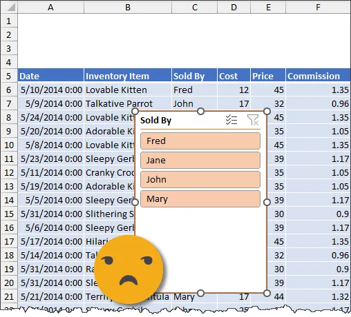 Fragment of an Excel worksheet with an official Excel table and a Slicer based on the Sold By column in front of the table.