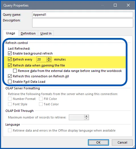 Query Properties dialog box with a frame around Refresh control options. Checks next to "Enable background refresh", "Refresh every 20 minutes", "Refresh data when opening the file" and "Refresh this connection on Refresh All". 