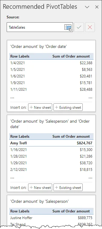 Excel pane with Recommended PivotTables based on TableSales. Three recommended pivot tables visible: 'Order amount' by 'Order date', "Order amount' by 'Salesperson' and 'Order date', 'Order amount' by 'Salesperson'. 