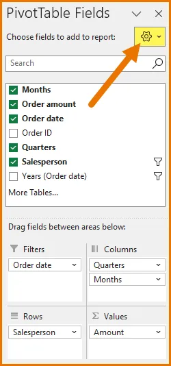 Excel pane with PivotTable Fields. The toggle icon indicating Settings highlighted.