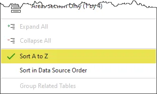 Fragment of the PivotTable Fields settings showing fields sorting options: Sort A to Z (selected and highlighted), and Sort in Data Source Order.