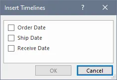 Insert Timelines dialog box with 3 date fields: Order Date, Ship Date, Receive Date next to empty checkboxes.