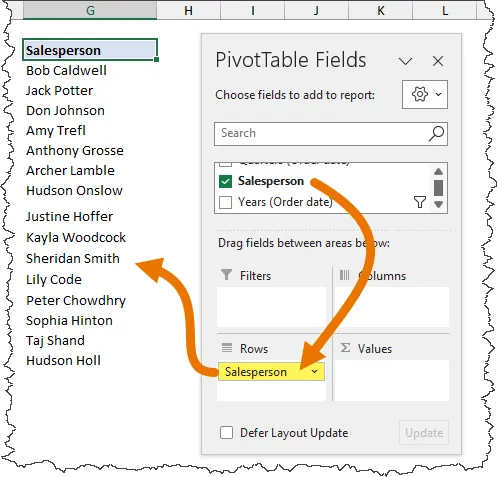 Fragment of an Excel worksheet with a pivot table showing Salespersons and a PivotTable fields pane next to it, with the Salesperson field checked and placed in the Rows area. 