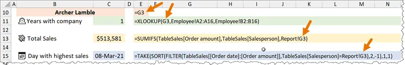 Fragment of an Excel worksheet showing a report on "Archer Lamble", including "Years with company", "Total Sales" and "Day with highest sales". Values in columns C and the formulas behind the values visible in column E. 