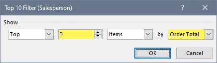 The Top 10 Filter dialog box for the Salesperson column. Set to show Top 3 Items by Order Total.