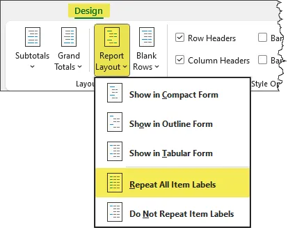 Fragment of the Excel ribbon with the Design tab highlighted and Report Layout button highlighted and expanded to show available options, with Repeat All Item Labels highlighted.