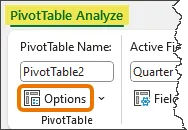 Fragment of the Excel ribbon with the "PivotTable Analyze" tab highlighted and a frame around "Options" button.