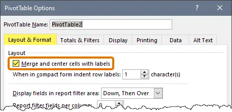 Fragment of the PivotTable Options dialog box, with the Layout & Format tab highlighted and a checkmark placed next to "Merge and center cells with labels".