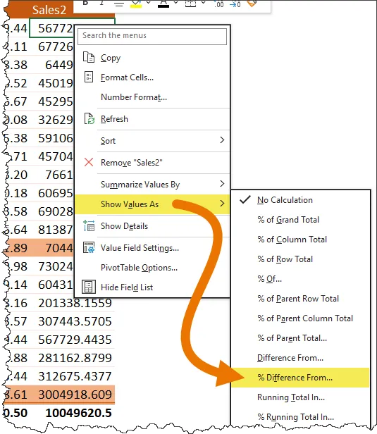 Pivot table context menu with "Show Values As" highlighted and expanded to view the available calculation options, with "% Difference From" highlighted.