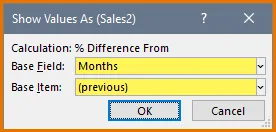 "Show Values As" dialog box, with 'Months' as Base Field and '(previous)' as Base Item.