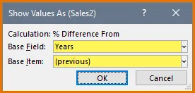 "Show Values As" dialog box, with 'Months' as Base Field and '(previous)' as Base Item.