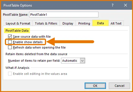 PivotTable Options dialog box, with the Data tab highlighted and an empty checkbox next to "Enable show details".