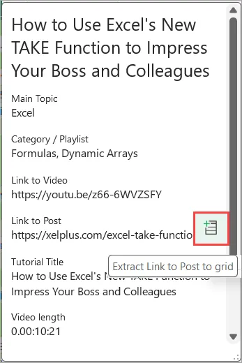 Data card for an Excel tutorial on the TAKE function. An icon next to "Link to Post" is highlighted, with "Extract Link to Post to grid" tooltip below it.