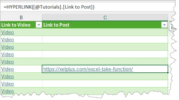 Fragment of an Excel table of tutorials. In the "Link to Video" column, the word "Video" is hyperlinked, in the "Link to Post" column, a hyperlinked URL for the xelplus website. Formula bar populated with =HYPERLINK([@Tutorials].[Link to Post]).