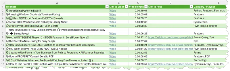 Fragment of an Excel table with free tutorials.