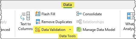 Data ribbon in Excel highlighting the Data Validation tool