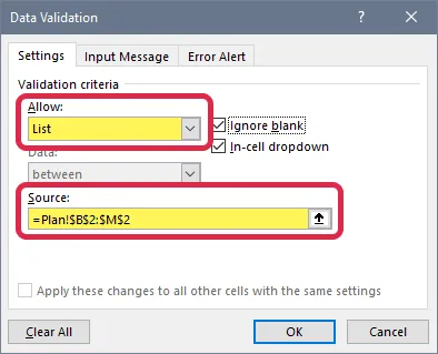 Data Validation dialog box selecting list and source