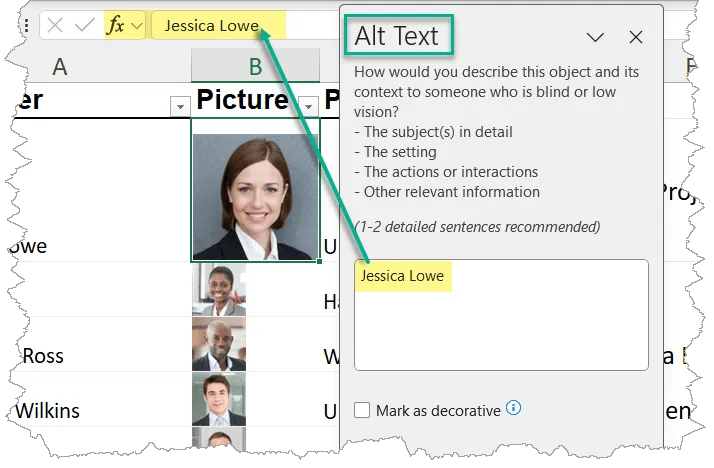 Fragment of an Excel spreadsheet, a picture of a woman inside Excel cell. Next to it, Alt Text dialog box, with "Jessica Lowe" populated. Arrow from the name in the Alt Text box pointing towards the same name inside the formula bar.