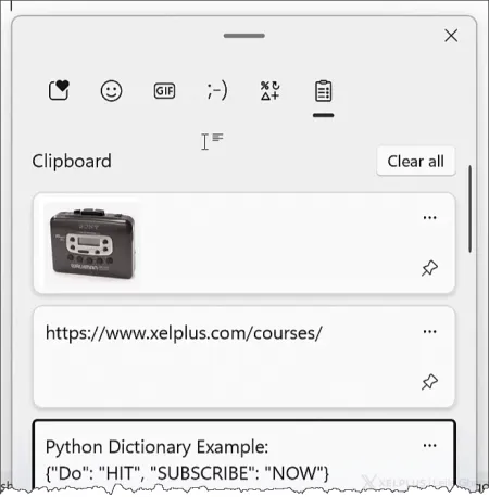 Windows clipboard history window