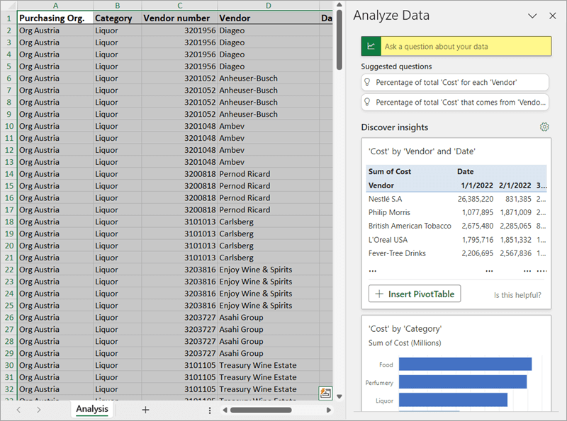 Excel workbook, a range in the sheet selected, a pane titled Analyze Data on the right. Text box with instruction "Ask a question about your data" highlighted. Below "Suggested questions" and "Discover insights", a pivot table showing 'Cost' by 'Vendor' and 'Date', "Insert PivotTable" button and a bar chart showing 'Cost' by 'Category'.