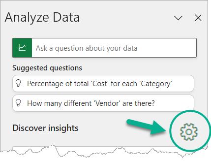 Pointing to a cog icon on the Analyze Data pane.