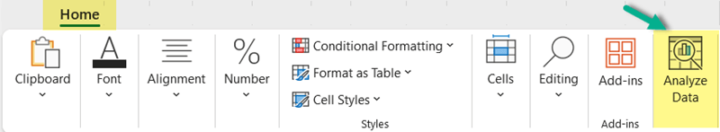 Excel menu ribbon with the Home tab and Analyze Data button highlighted.