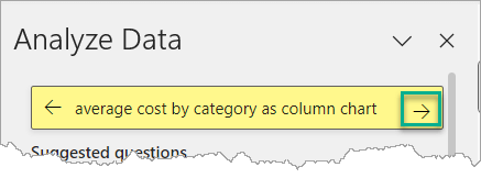 Fragment of the Analyze Data pane with "Average cost by category as column chart" in the Ask box.